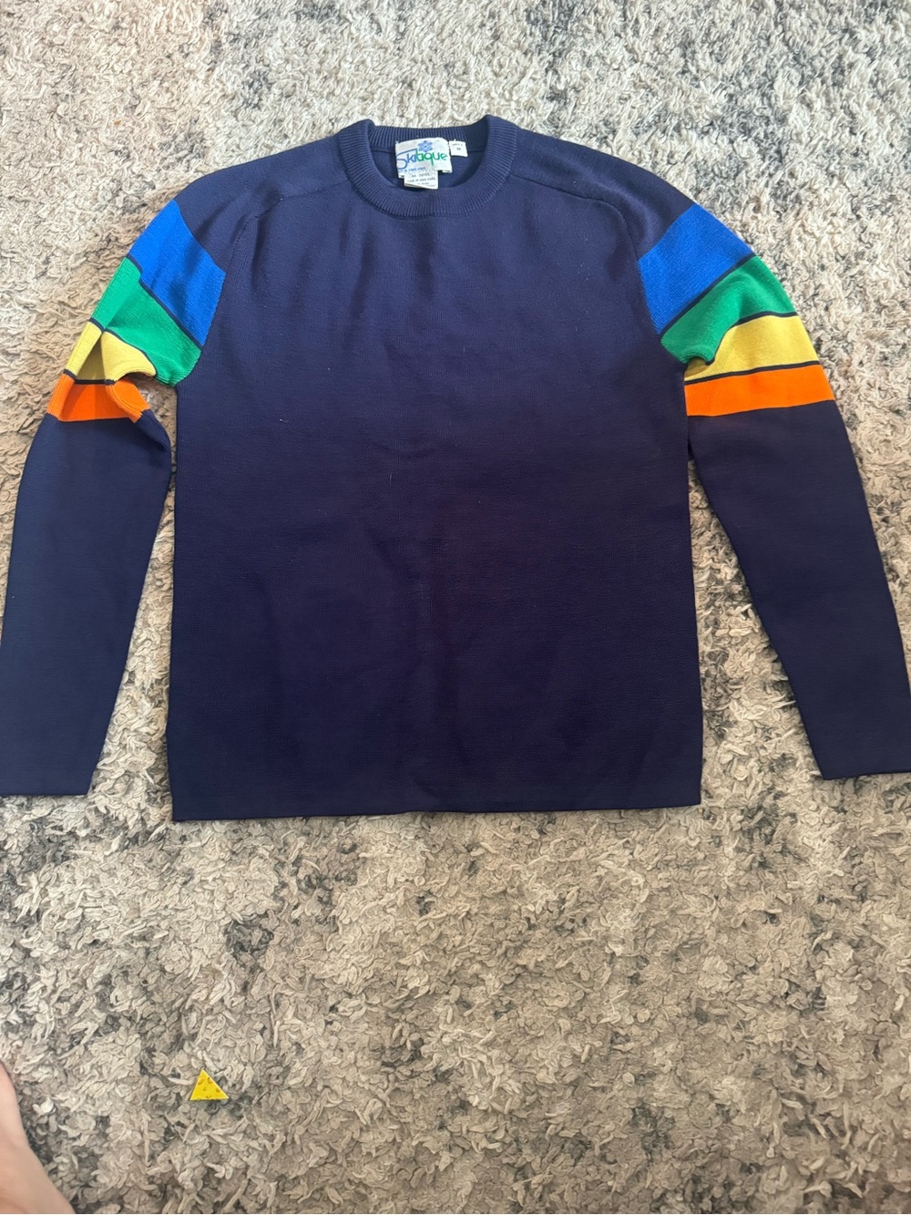 Men's skitique Navy Crewneck Sweater with Rainbow Sleeve Stripes